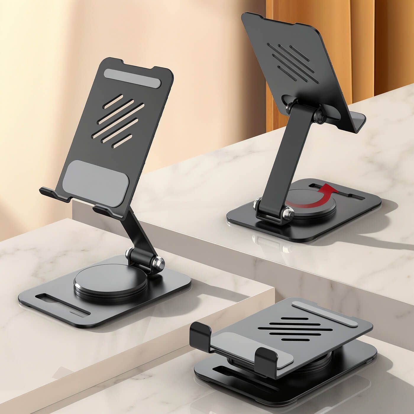Black stand shown in three positions, including folded and fully extended with an arrow indicating rotation