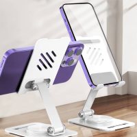 Two white stands holding smartphones in portrait and landscape mode on a desk