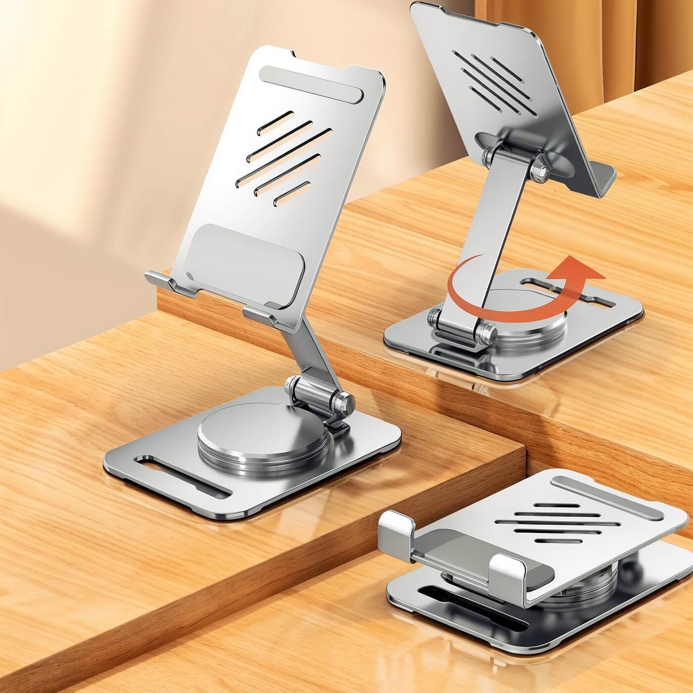 Silver stand shown in three positions, including folded and fully extended with an arrow indicating rotation