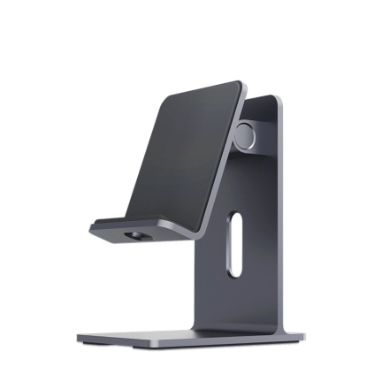 Dark gray adjustable phone and tablet holder made from durable alloy with a minimalist design