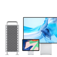 Sleek phone holder holding a tablet in landscape mode, positioned between a Mac computer and a monitor