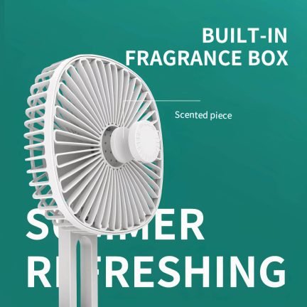 Close-up of a white fan highlighting the built-in fragrance box at the front