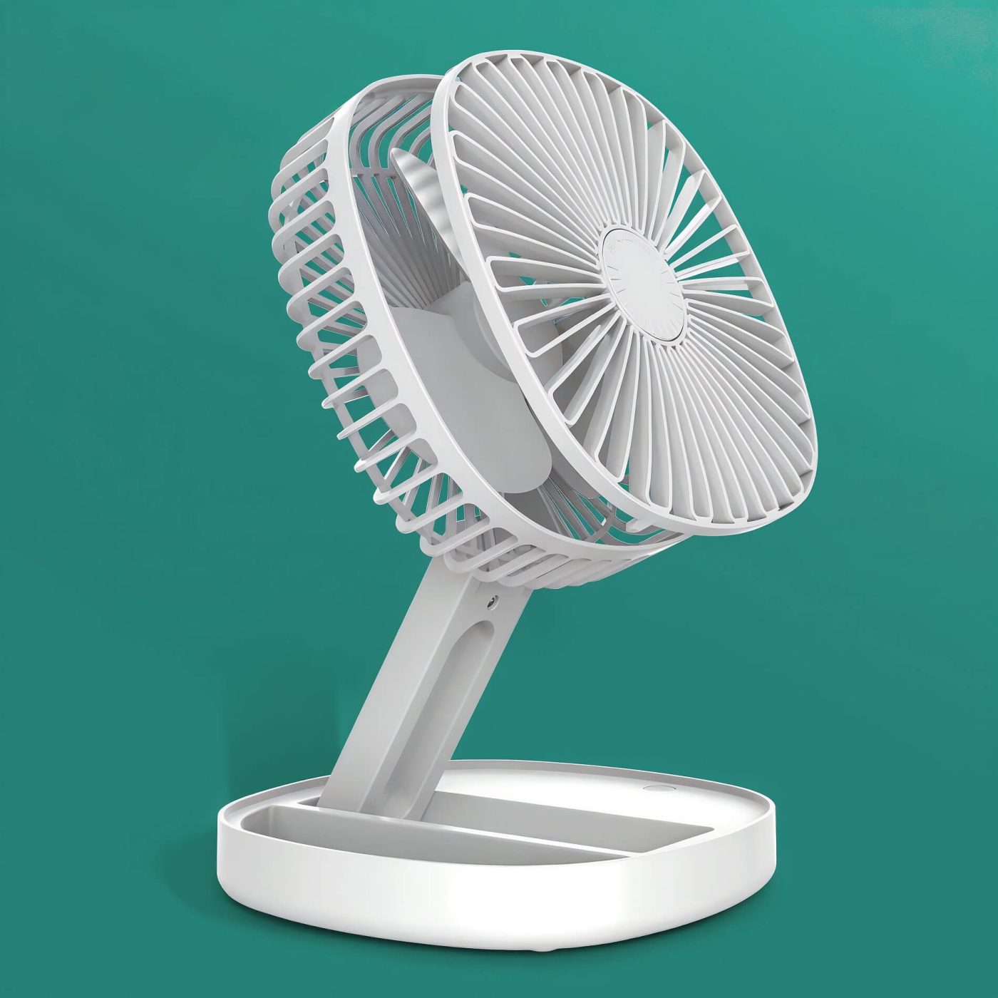 Side view of a white folding fan with a tilted angle, open and revealing the fan blades