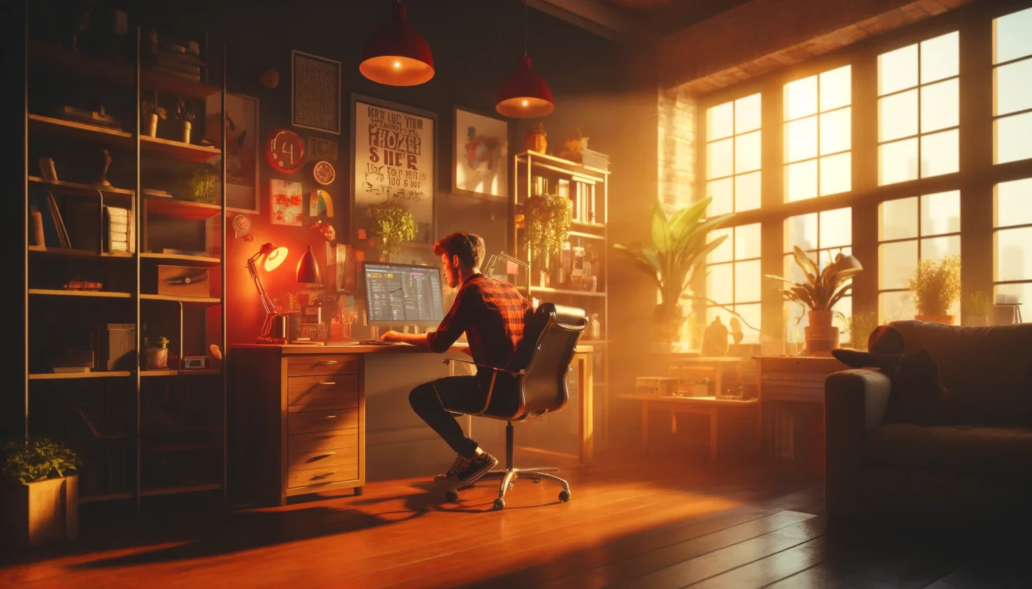 Person working at a cozy, sunlit home office setup with warm lighting, plants, and creative decor