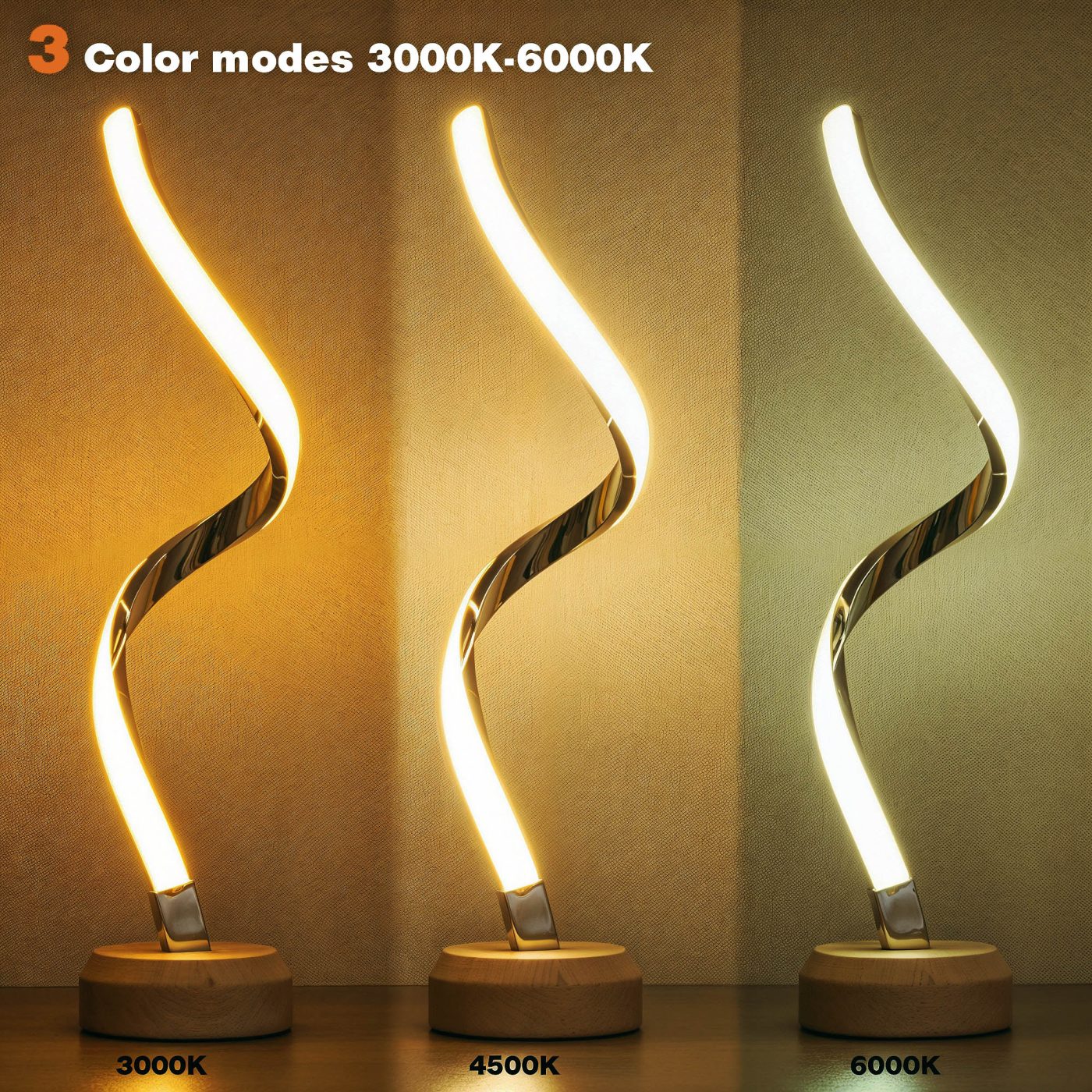 LED table lamp displaying three color modes—warm, neutral, and cool white, ranging from 3000K to 6000K
