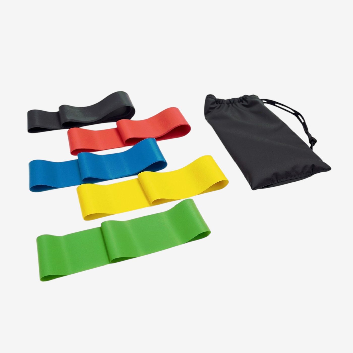 5-piece resistance band set in red, black, blue, yellow, and green next to a black drawstring pouch