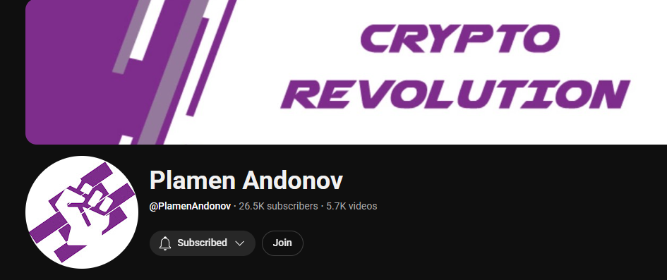 Plamen's YouTube Channel Profile picture and banner saying Crypto Revolution