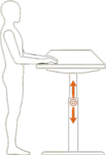 Diagram of a person working comfortably at a height-adjustable standing desk.