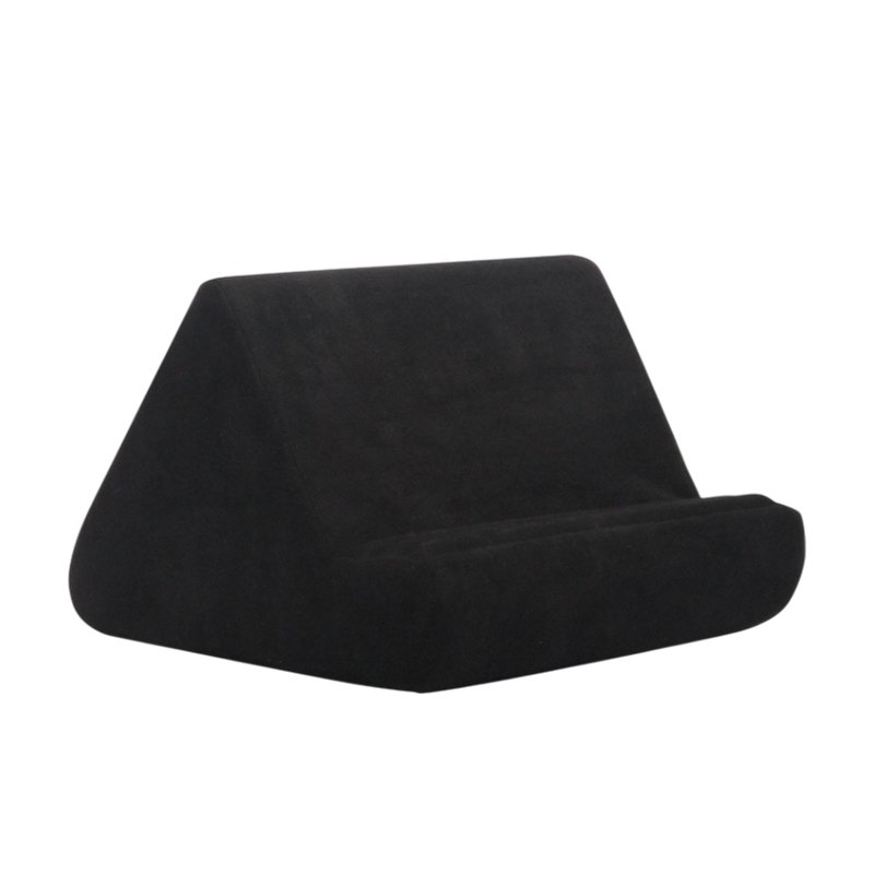 Black velour pillow tablet holder with angled back and rounded front support.
