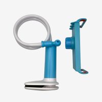 Coiled blue and white flexible gooseneck phone holder with a clamp base, shown with the phone grip detached.