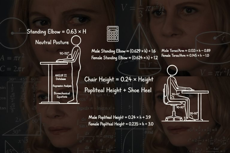 Math lady calculating mathematical formulas and diagrams showing how ergonomic desk and chair height is calculated.