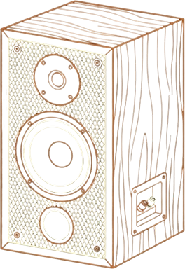 Illustration of a wooden desktop speaker for workspace audio.