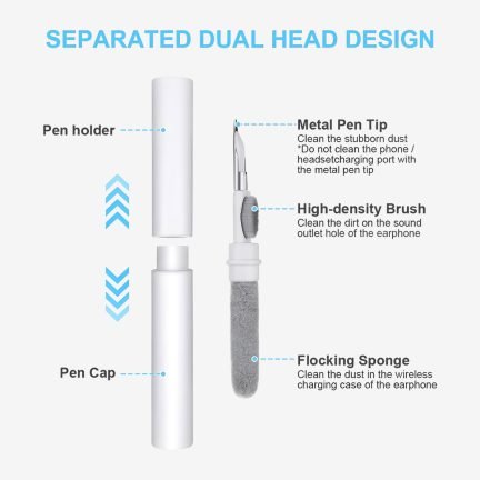 Diagram showing the metal pen tip, high-density brush, and flocking sponge components of the white cleaning tool.