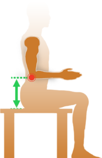 Seated figure with a red dot on the olecranon and a green arrow showing seat-to-elbow height.