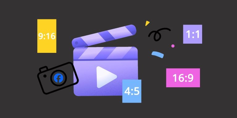 Graphic of a play button and different Facebook video post aspect ratios.