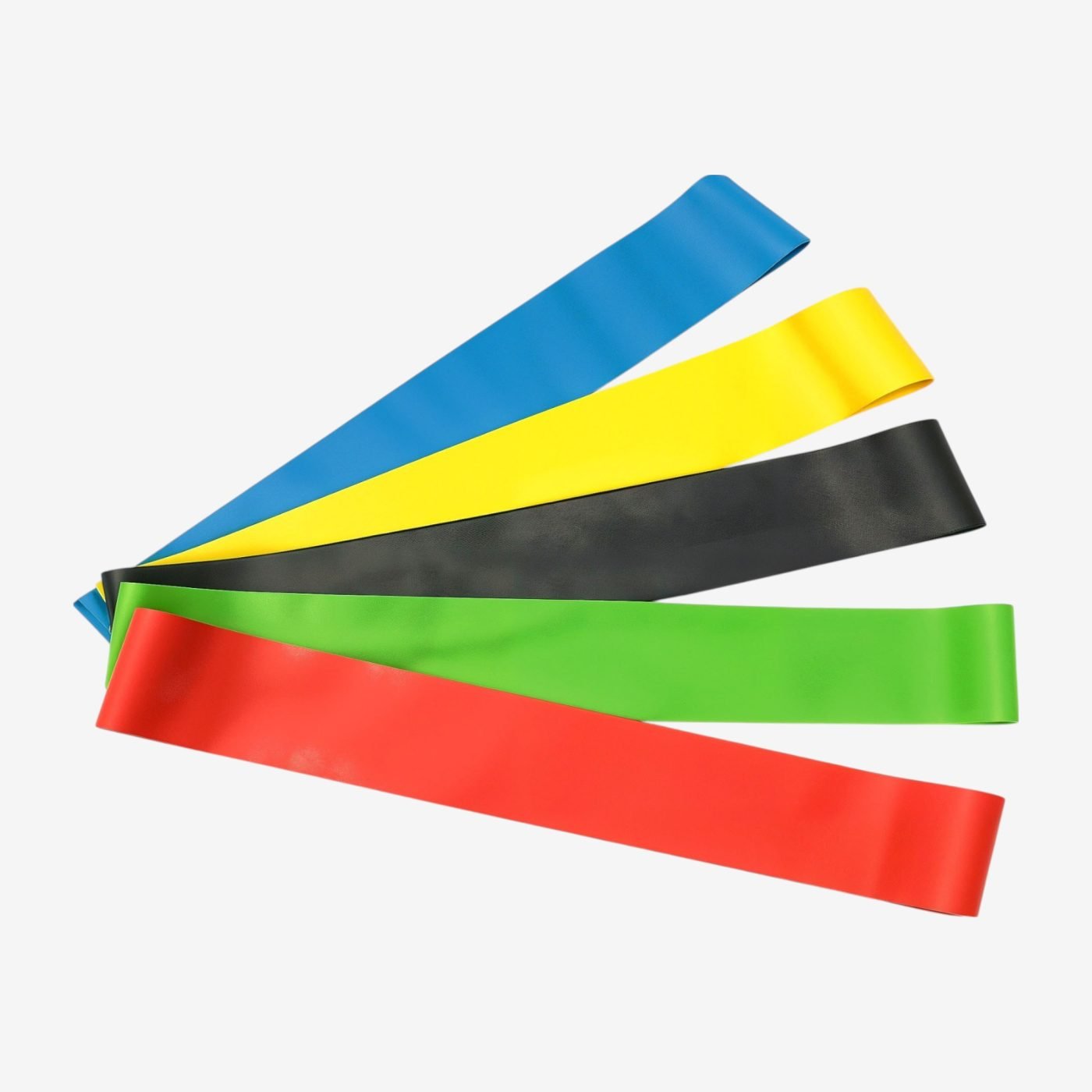 Five resistance bands fanned out in a semi-circle