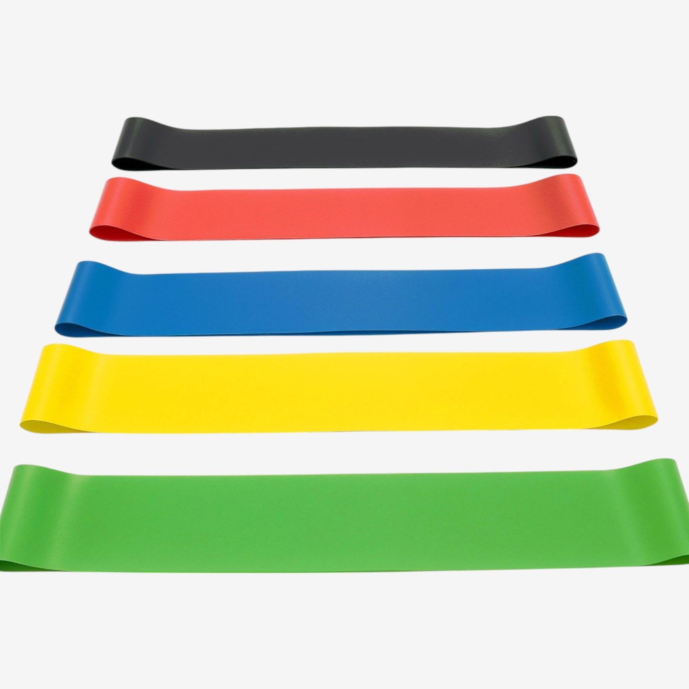 Five flat loop resistance bands neatly laid out in parallel on a white background