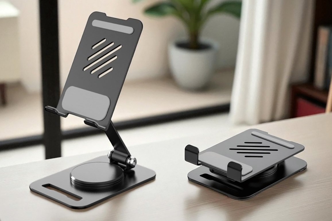 Foldable rotating stand Two black adjustable aluminum phone stands on a desk, one upright and one folded