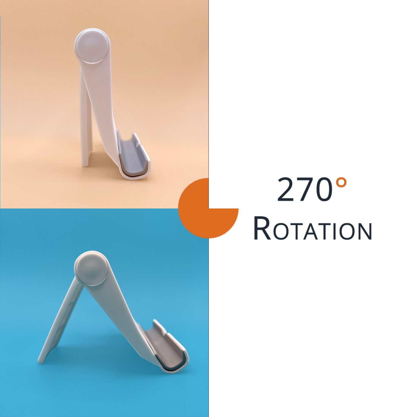 White foldable phone stand showing 270 degree rotation adjustments