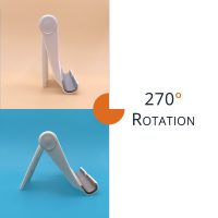 White foldable phone stand showing 270 degree rotation adjustments