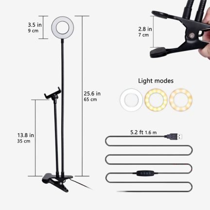 Diagram of a flexible clip-on ring light and phone holder with dimensions, showing 3 light modes and USB cable.