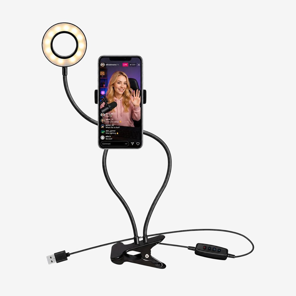 Black clamp base with dual gooseneck arms holding a smartphone and an illuminated selfie ring light.