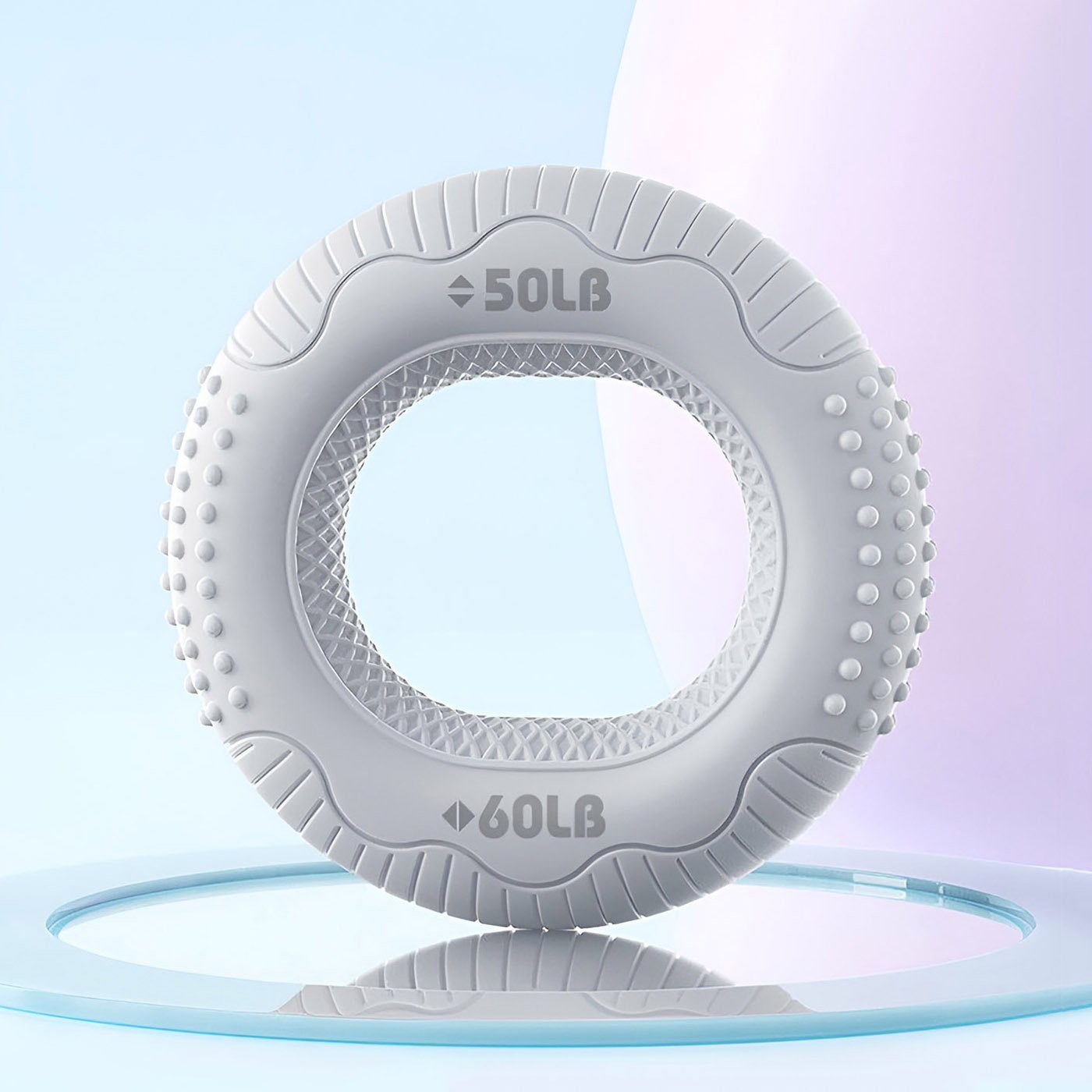 Grey 50-60LB silicone hand grip strengthener ring for advanced strength training and palm massage.