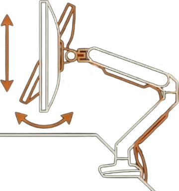 Diagram showing the range of motion and tilt of an adjustable monitor arm.