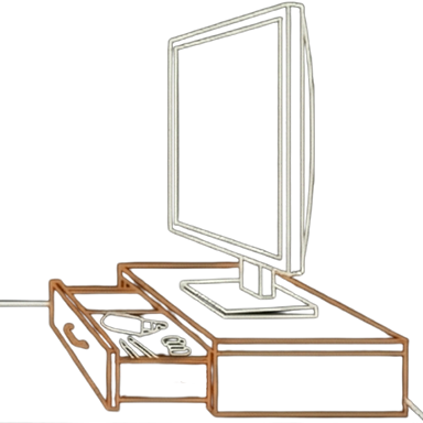 Illustration of a desktop monitor stand featuring a storage drawer.