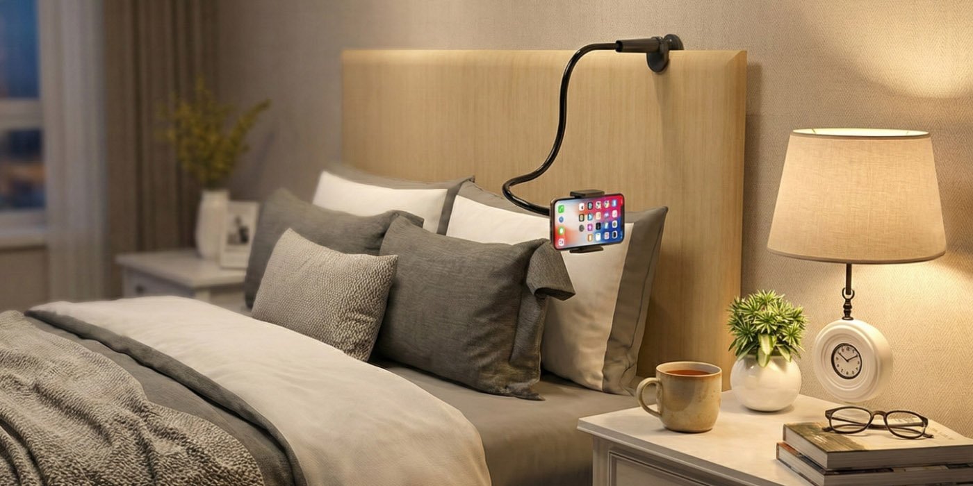 Flexible phone holder for watching movies in bed clamped to a headboard in a dimly lit bedroom.