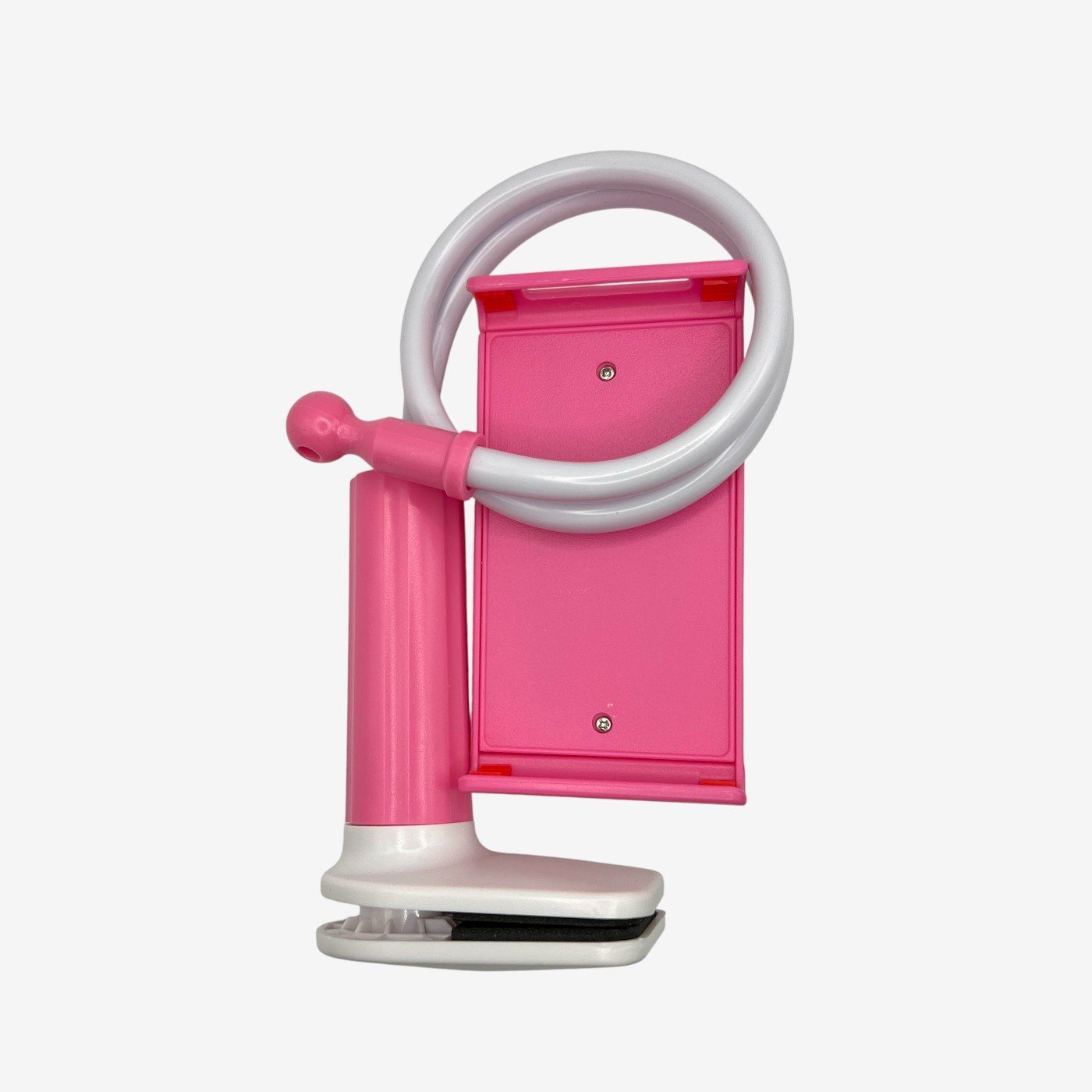 Coiled pink and white flexible gooseneck phone holder with a clamp base.