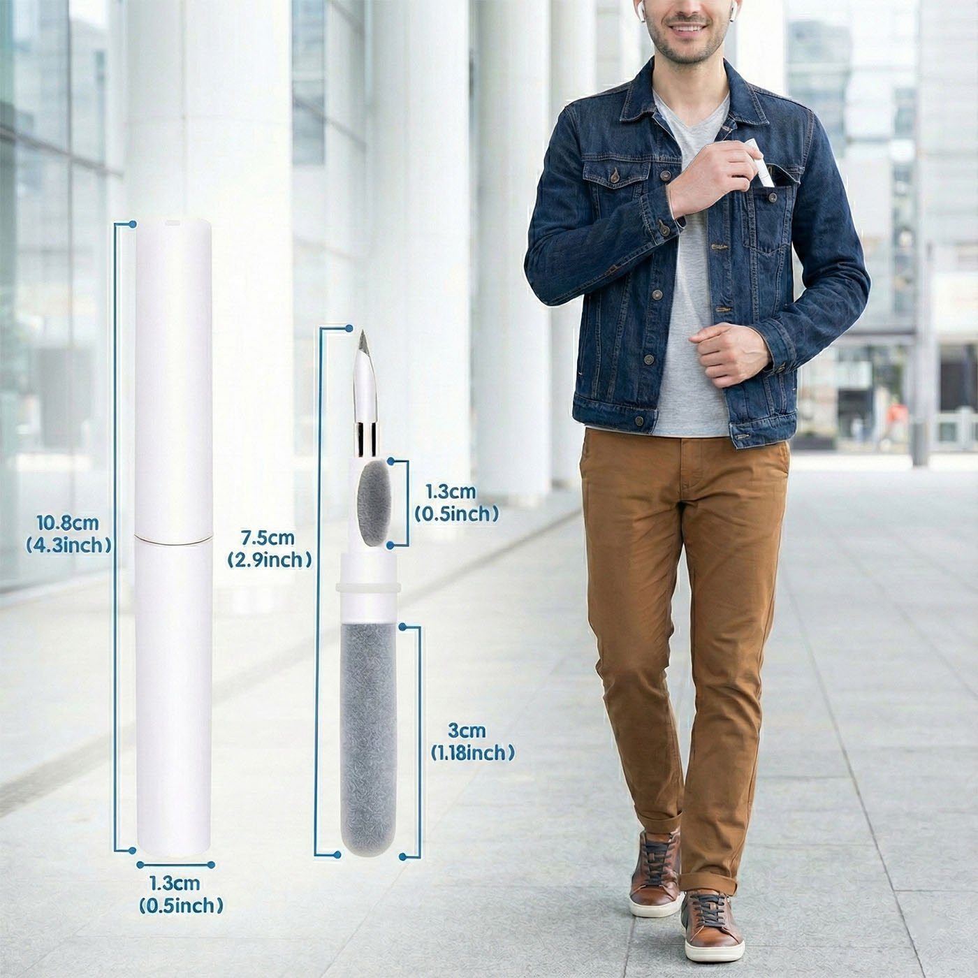 Man placing the compact cleaning pen into a pocket to demonstrate portability.