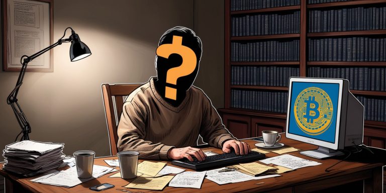 Anonymous person coding Bitcoin’s network at a desk, symbolizing Satoshi Nakamoto’s hidden role in creating Bitcoin.