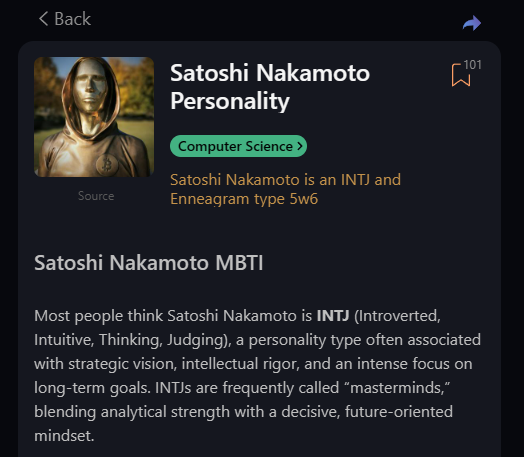Satoshi's Personality Database profile Personality Database profile page showing Satoshi Nakamoto typed as INTJ and Enneagram 5w6, with Computer Science category tag