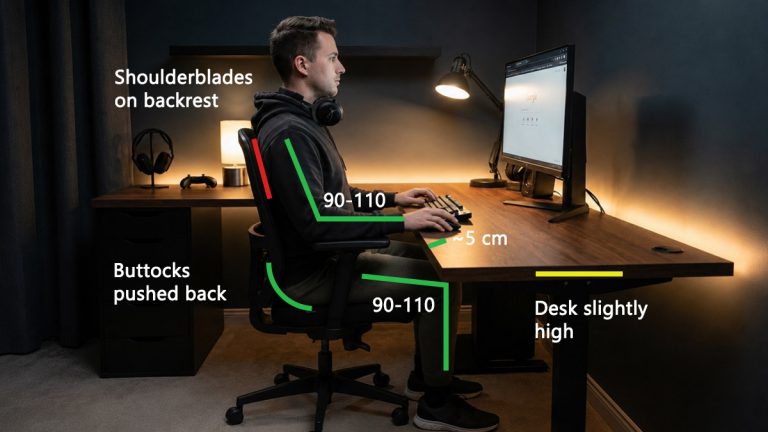 Man at desk with overlays highlighting correct posture in green, plus posture flaws and improvements in red and yellow.