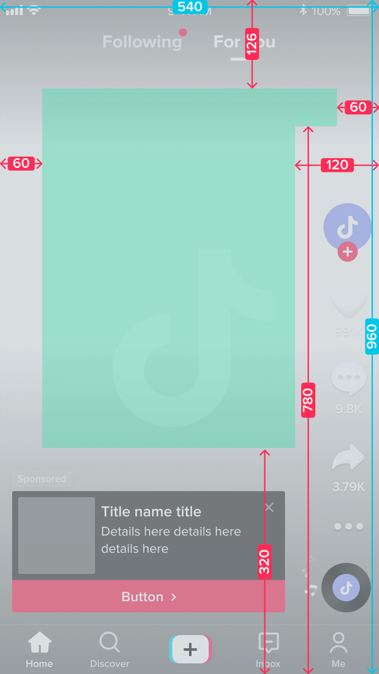 Standard Ad safe zone used as a reference Diagram of TikTok Ads standard safe zone dimensions showing specific pixel buffers for the top, bottom, and side UI elements.